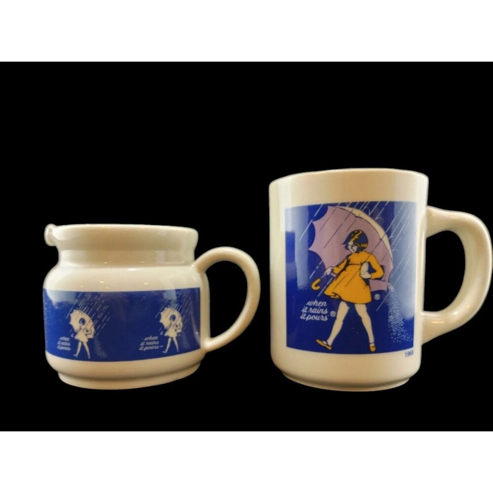 Vintage 1968 Morton Salt Coffee Mug Creamer Set When It Rains It Pours Ceramic
